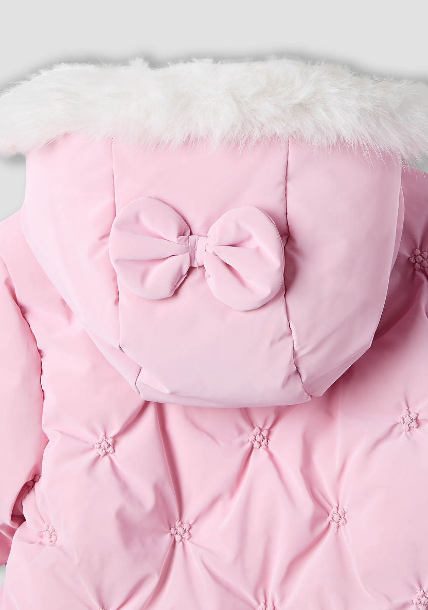 Pink Hooded Quilted Snowsuit with Faux Fur Trim