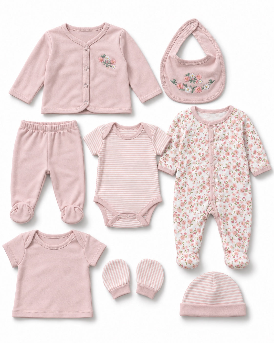 Camille Baby Floral 8-piece baby set, flat lay
