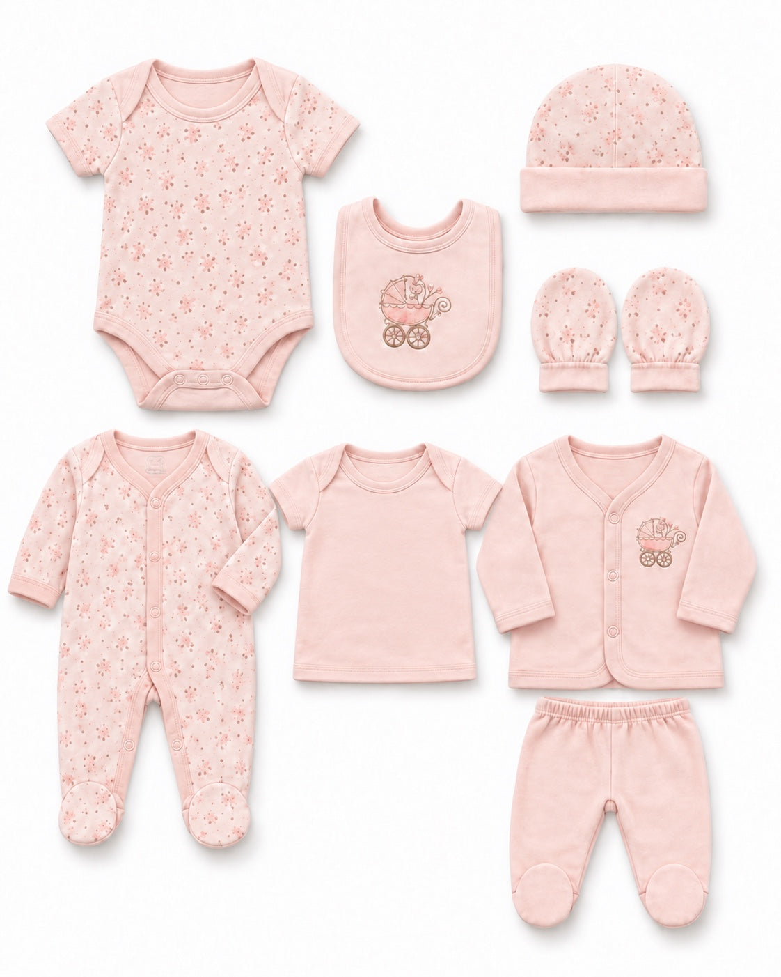 Camille Baby Baby Stroller 8-piece baby set, flat lay