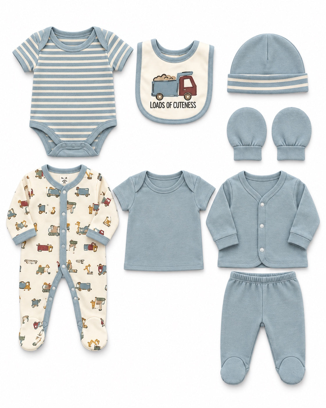 Camille Baby Truck 8-piece baby set, flat lay