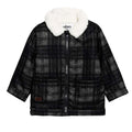 GÉMO black and grey plaid baby zip jacket with cream sherpa collar, front view