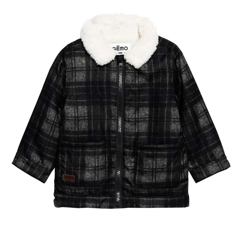 GÉMO black and grey plaid baby zip jacket with cream sherpa collar, front view