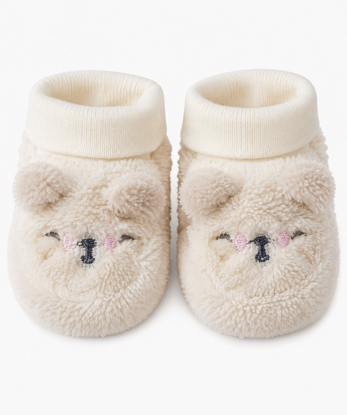 GÉMO cream teddy bear plush baby booties with embroidered sleepy faces, 0–3 months