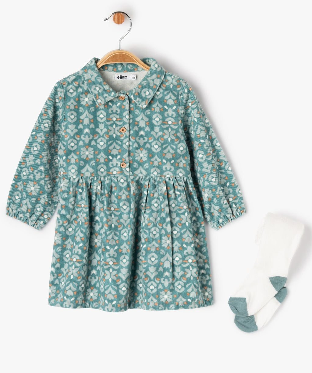 GÉMO floral teal corduroy dress and matching white tights set, front