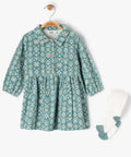 GÉMO floral teal corduroy dress and matching white tights set, front