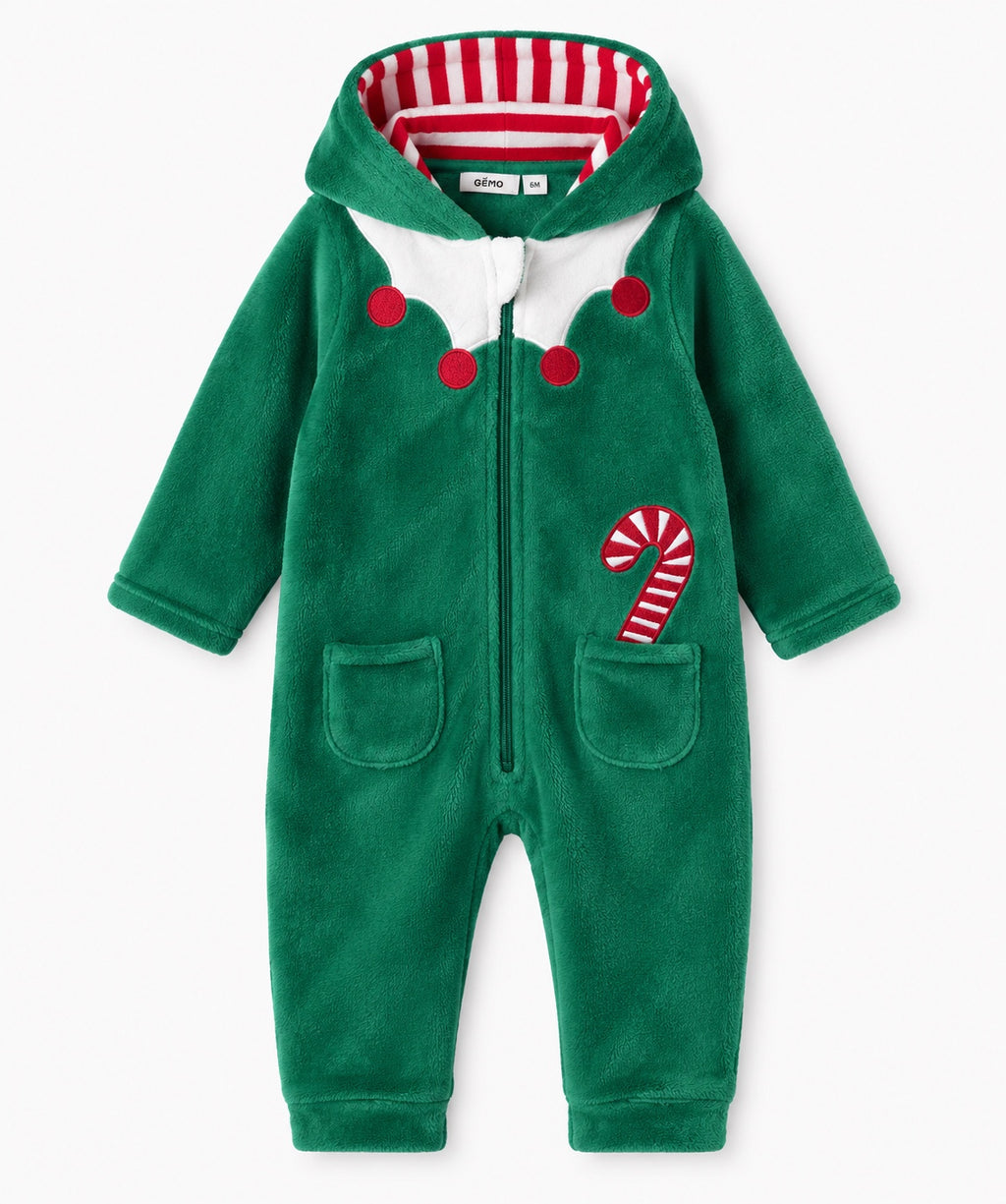 Gémo Baby Christmas Elf Fleece Hooded Romper – Green