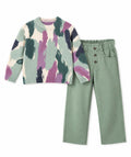Full two-piece GÉMO set: abstract multicolour knit jumper and sage green trousers