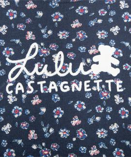 Close-up of Lulu Castagnette logo and small floral print on navy top
