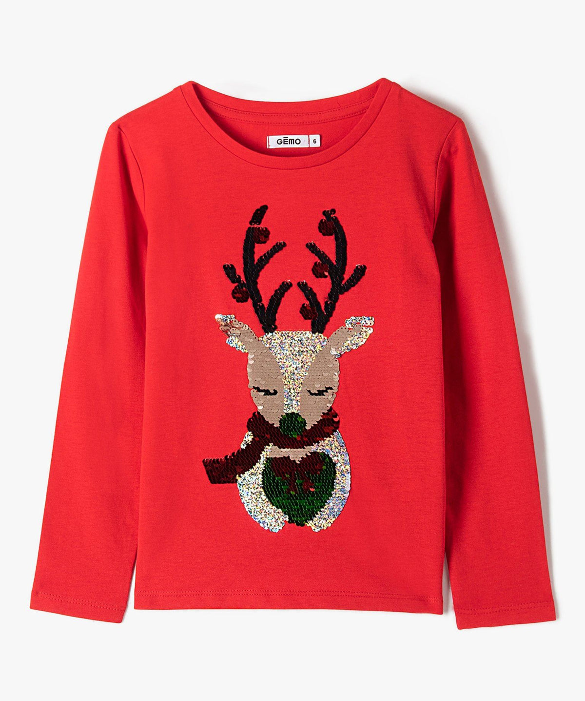 Gémo Girls’ Red Sequin Reindeer Christmas Long Sleeve Top