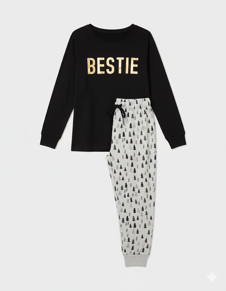 George Girls’ BESTIE Christmas Tree Print 2-Piece Pyjama Set