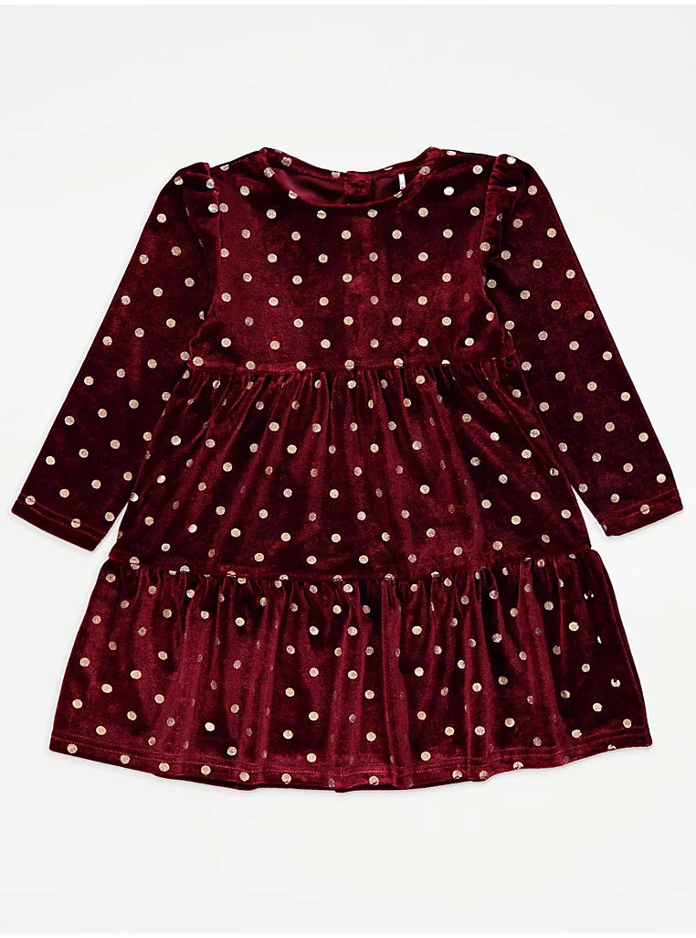 George Girls’ Burgundy Velvet Gold Polka Dot Dress