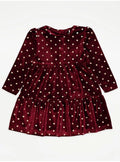 George Girls’ Burgundy Velvet Gold Polka Dot Dress