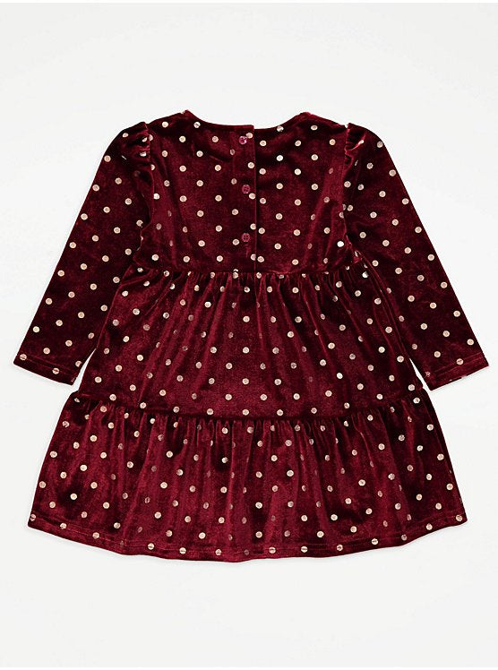 George Girls’ Burgundy Velvet Gold Polka Dot Dress
