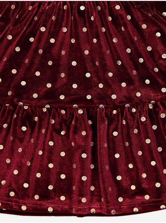 George Girls’ Burgundy Velvet Gold Polka Dot Dress