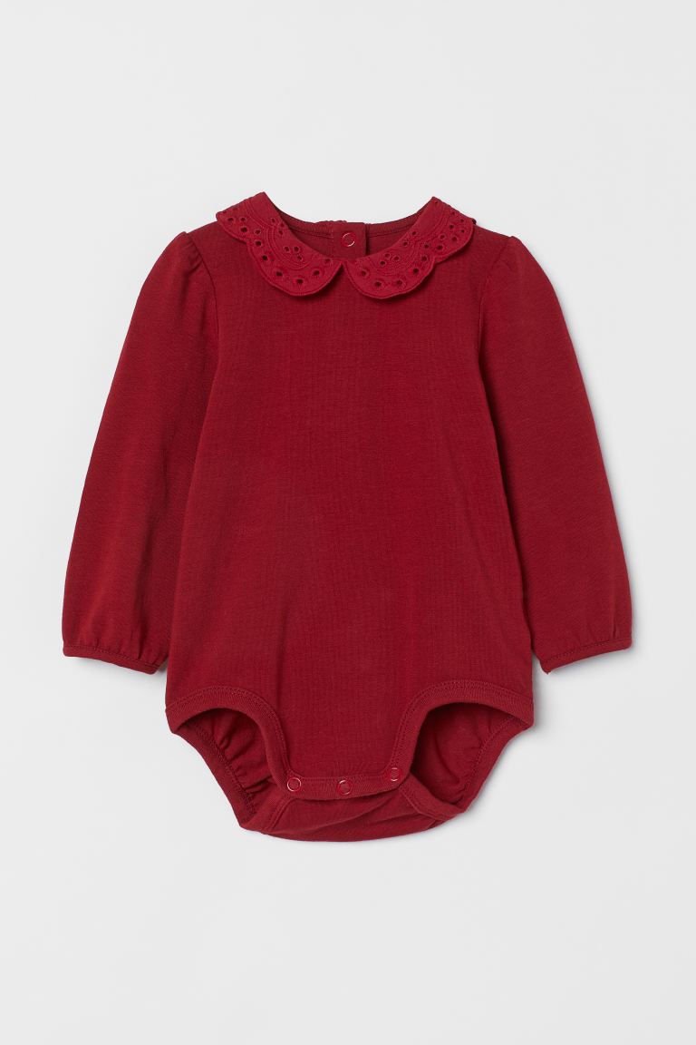 H&M Baby Girls’ Red Broderie Collar Long Sleeve Bodysuit