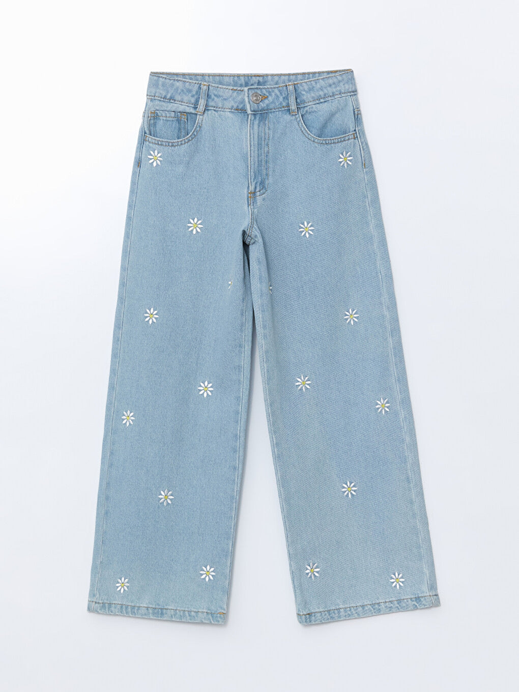 LC Waikiki girls' light-wash wide-leg jeans decorated with embroidered white daisies