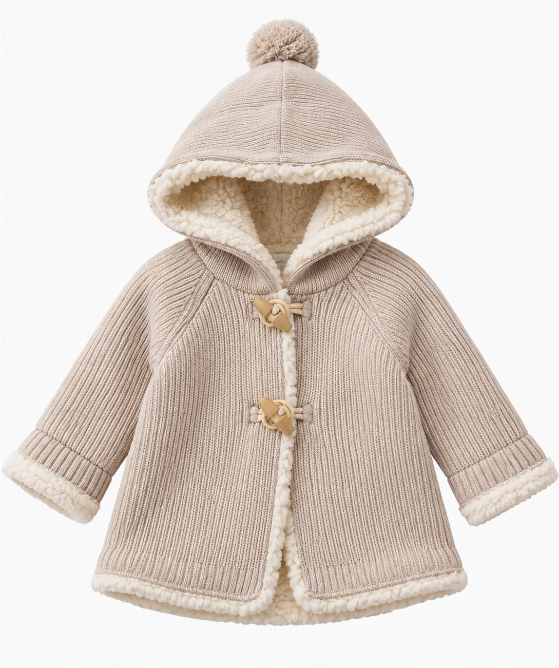 Beige knitted sherpa-lined baby hooded coat with pompom and toggles