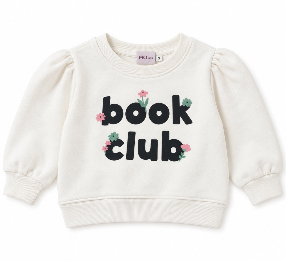 Cream 'Book Club' sweatshirt with puff sleeves and floral lettering