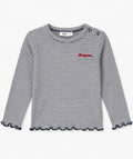 Girls' navy-and-white striped long-sleeve top with red Bonjour embroidery and scalloped-edge cuffs and hem