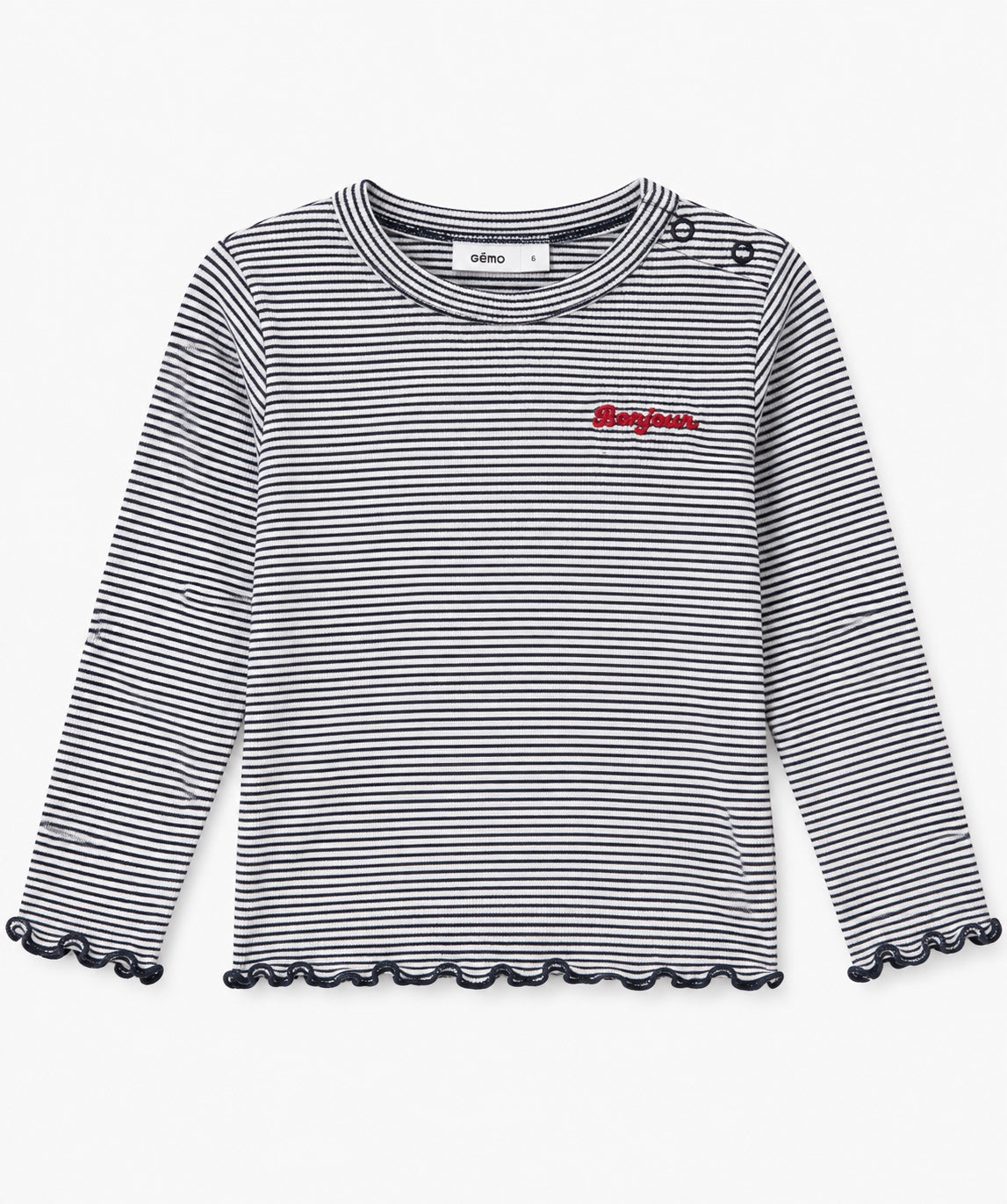 Girls' navy-and-white striped long-sleeve top with red Bonjour embroidery and scalloped-edge cuffs and hem