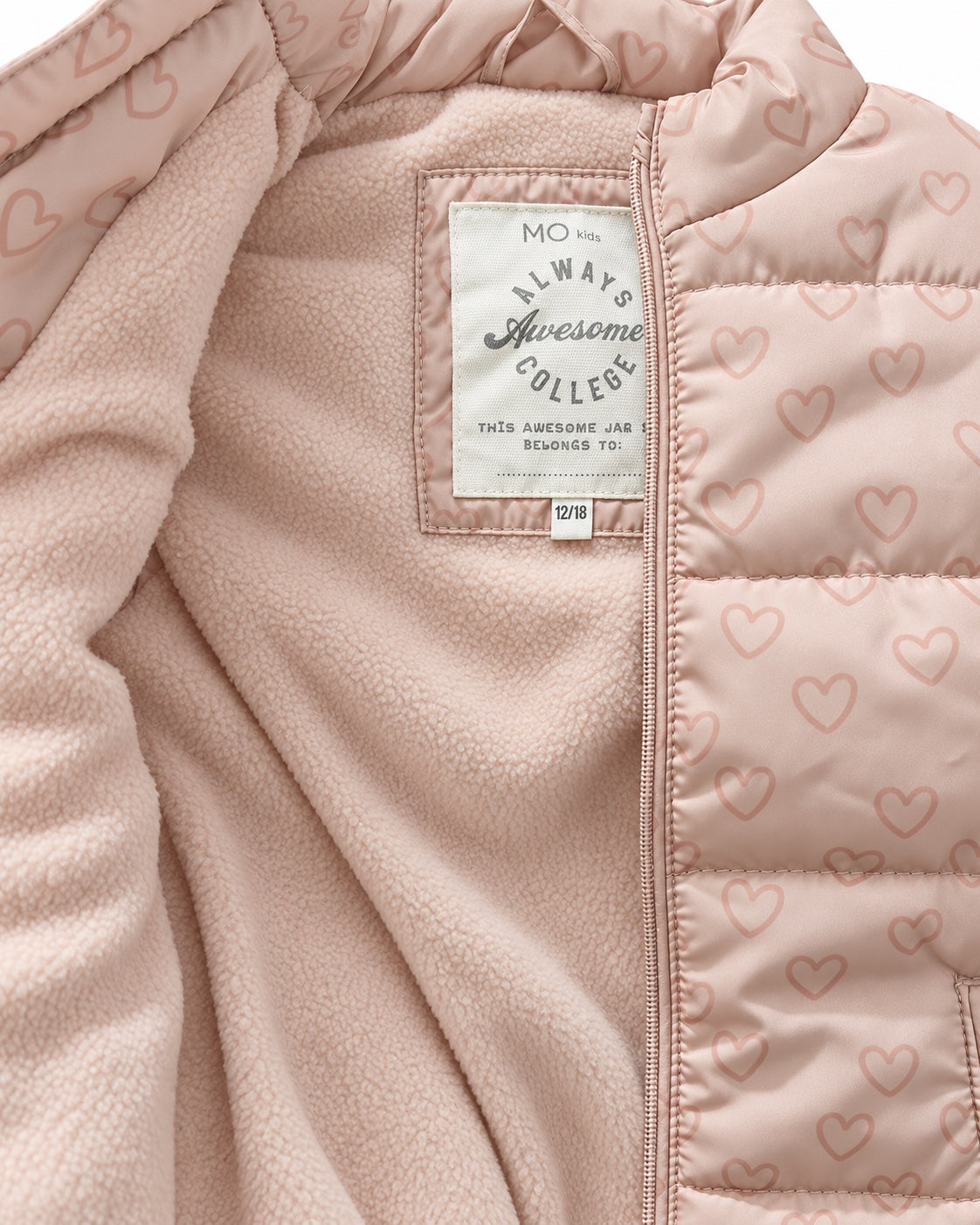MO Kids pink heart print vest fleece lining detail
