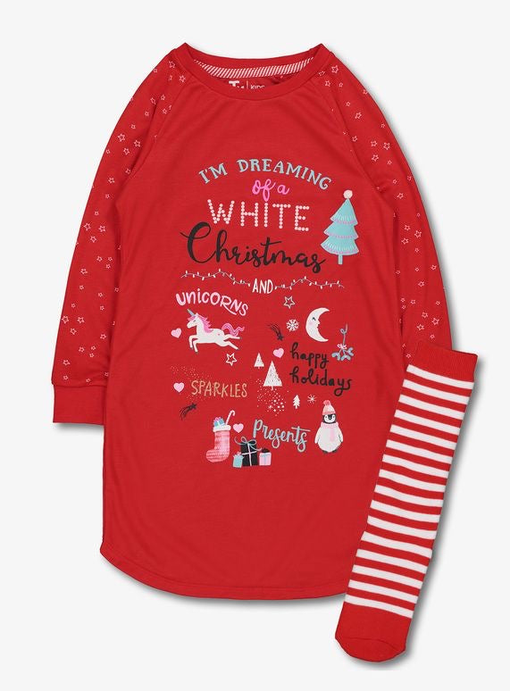 TU Girls’ Red White Christmas Nightdress & Striped Socks Set